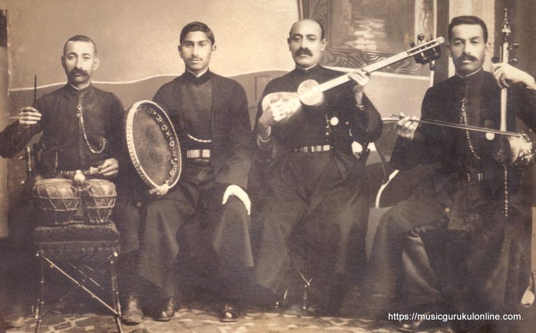 Mugham, is one of the many classical compositions from Azerbaijani Classical Music performer khananda Seyid Shushinski (second from left) with his ensemble in 1916