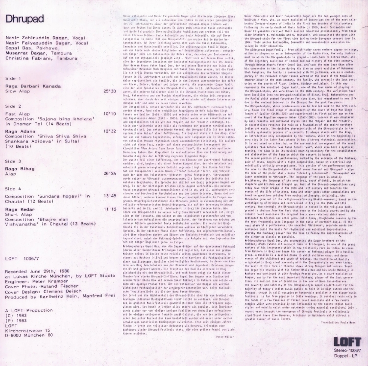Dagar Brothers: Nasir Zahiruddin Dagar & Nasir Faiyazuddin Dagar - Dhrupad - Double LP Loft 1006/7 (Germany 1983)