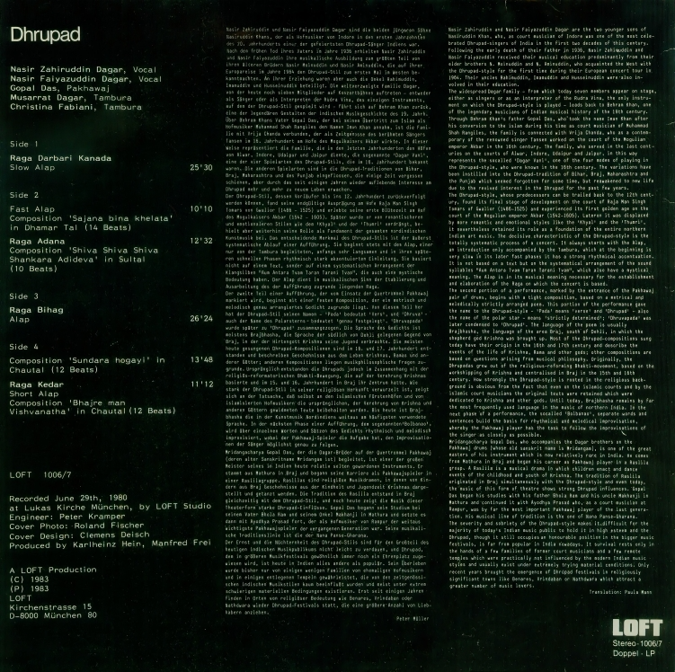 Dagar Brothers: Nasir Zahiruddin Dagar & Nasir Faiyazuddin Dagar - Dhrupad - Double LP Loft 1006/7 (Germany 1983)